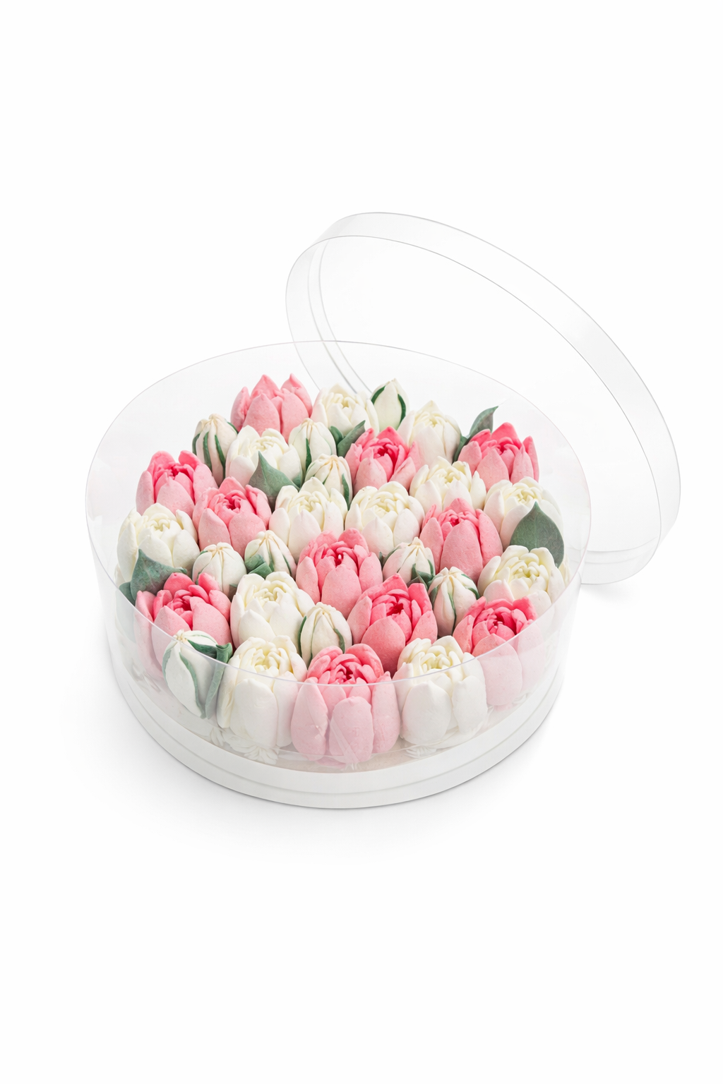 Cutie rotundă cu lalele comestibile din marshmallow