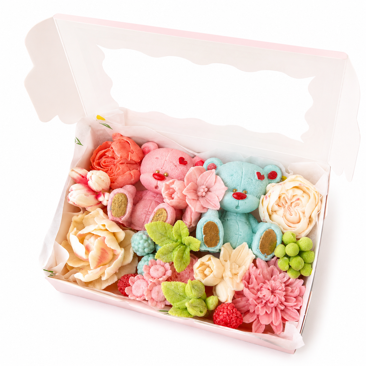 Cutie pastel cu ursuleți și flori comestibile din bezea