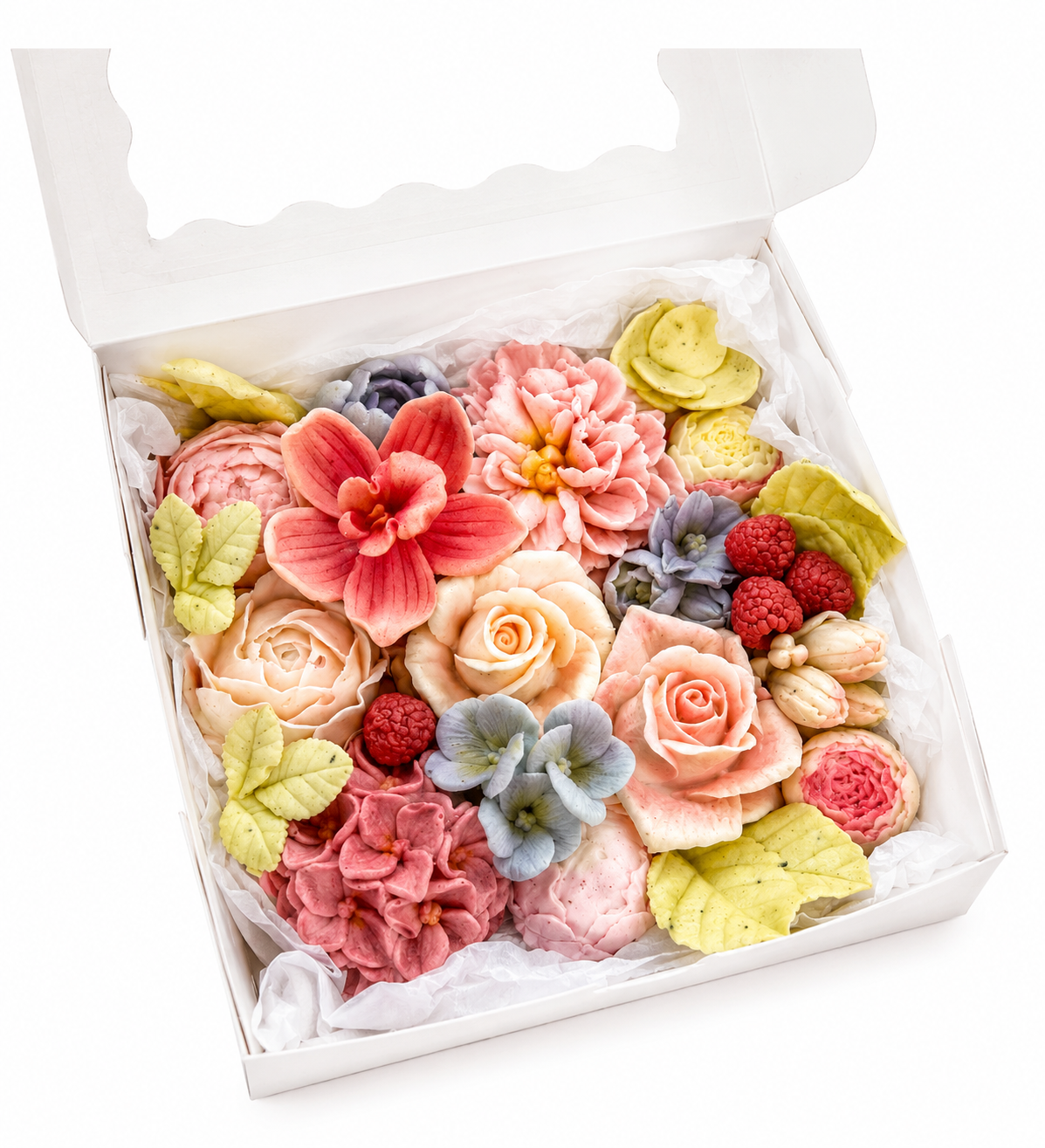 Cutie florală premium cu flori comestibile din bezea