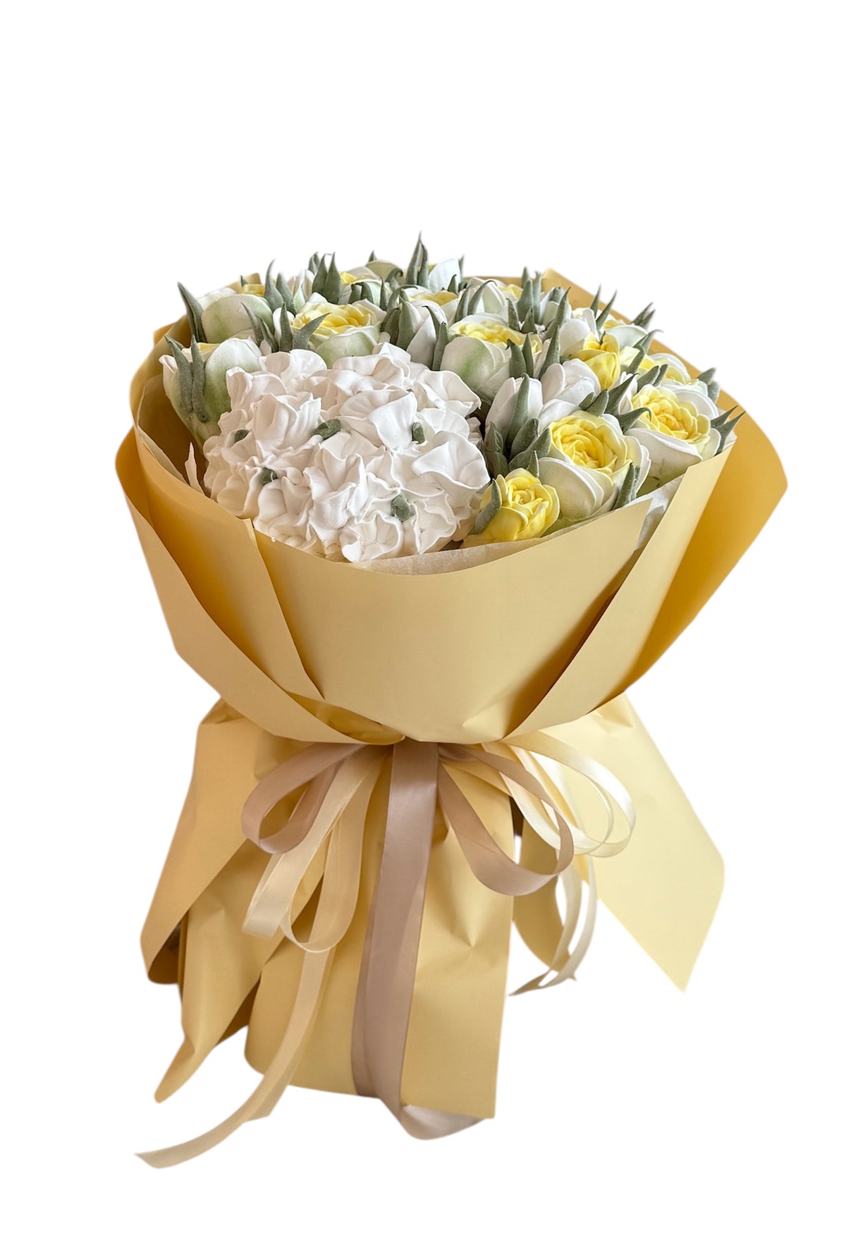 Buchet dulce din flori de marshmallow alb și galben