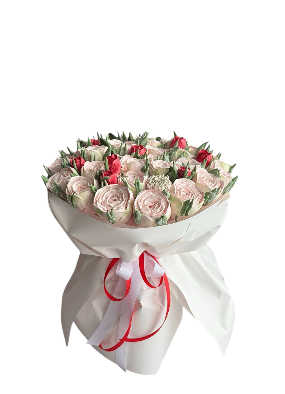 Buchet dulce din trandafiri de marshmallow roz și roșu