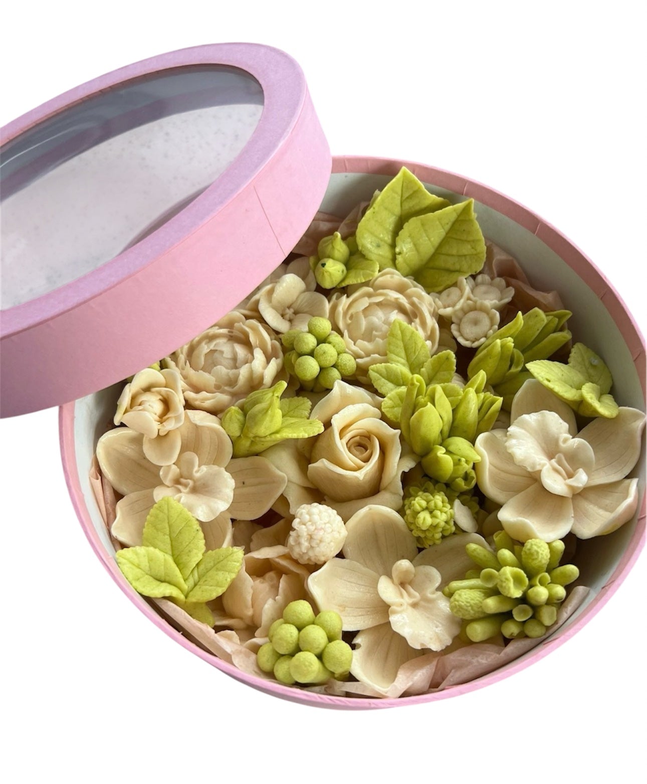 Cutie rotundă cu flori comestibile din marshmallow – tonuri crem & verde